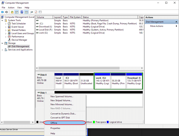 在磁碟管理中退出USB硬碟來解決「此裝置目前正在使用中」錯誤