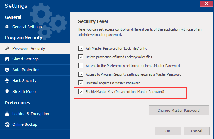 在密碼保護設定中啟用主金鑰