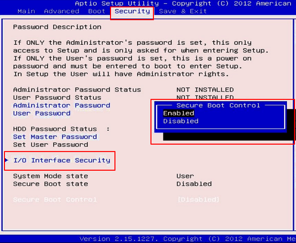 aptio setup Seurity 選單將 Secure Boot Control 改為 Disabled