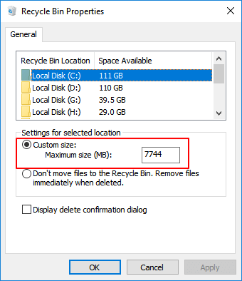 檔案在資源回收筒太大