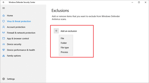 新增排除項目,選擇檔案、資料夾、檔案類型和檔案處理程序