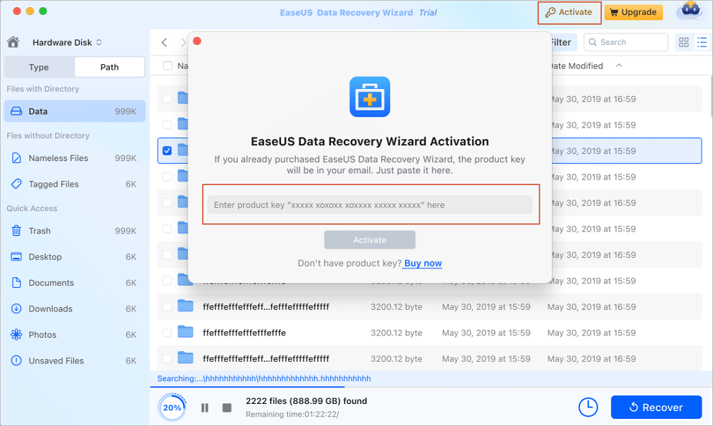 輸入產品金鑰以啟動 EaseUS Data Recovery Wizard for Mac
