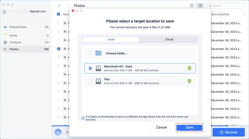 保存恢復的照片