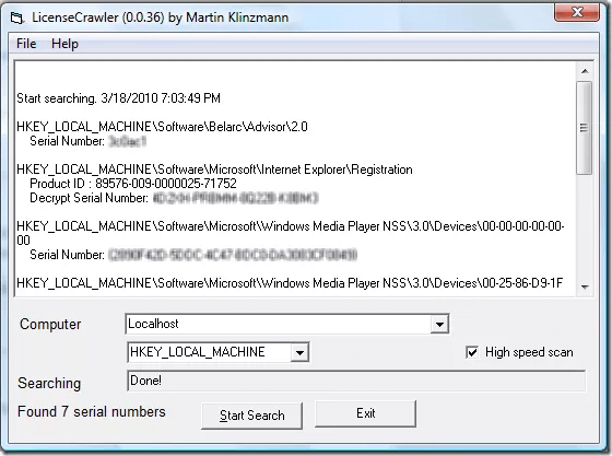 查看找到的產品金鑰