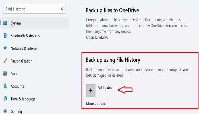 在Windows 11中使用檔案歷程記錄備份檔案 - 步驟 1