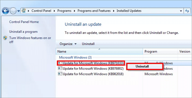 解除安裝Windows 7組建7601更新
