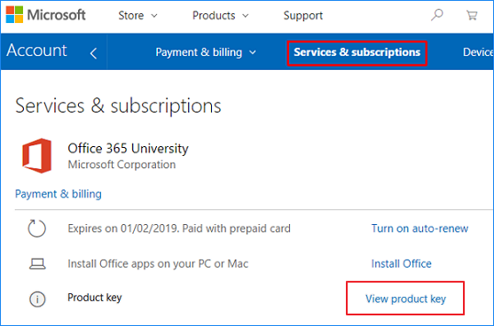從Microsoft服務頁面查看Office 365產品密鑰